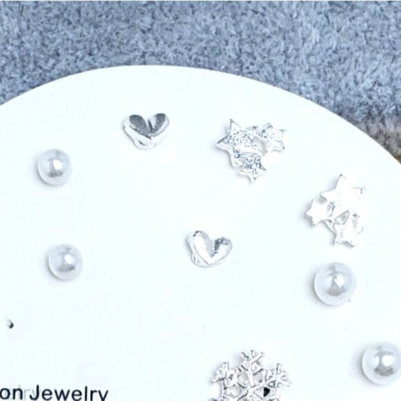 Winter Snowflake Heart Stars Pearl Posts 7 Pairs Earrings - Picture 3 of 4